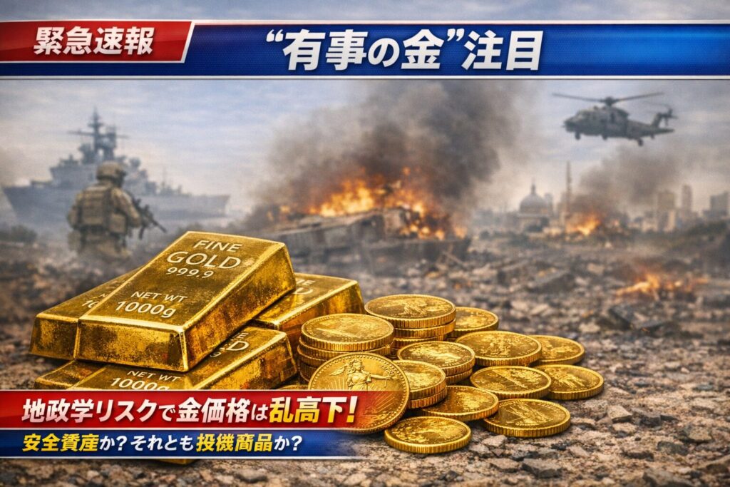 金相場の乱高下を報じるニュース風画像。金の延べ棒とコインが並び、地政学リスクを背景に安全資産か投機商品かを問いかける構図。